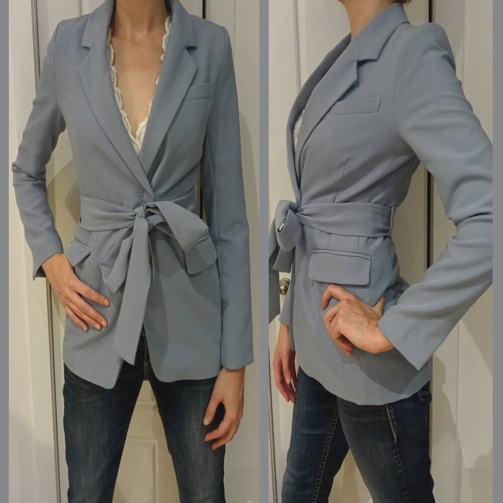 Dynamite Tie-Waist Belted Blazer - Periwinkle Blue
